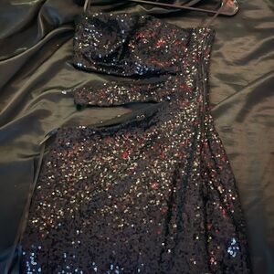 Windsor Black and Silver shined Sequin One Shoulder Dress with a slit